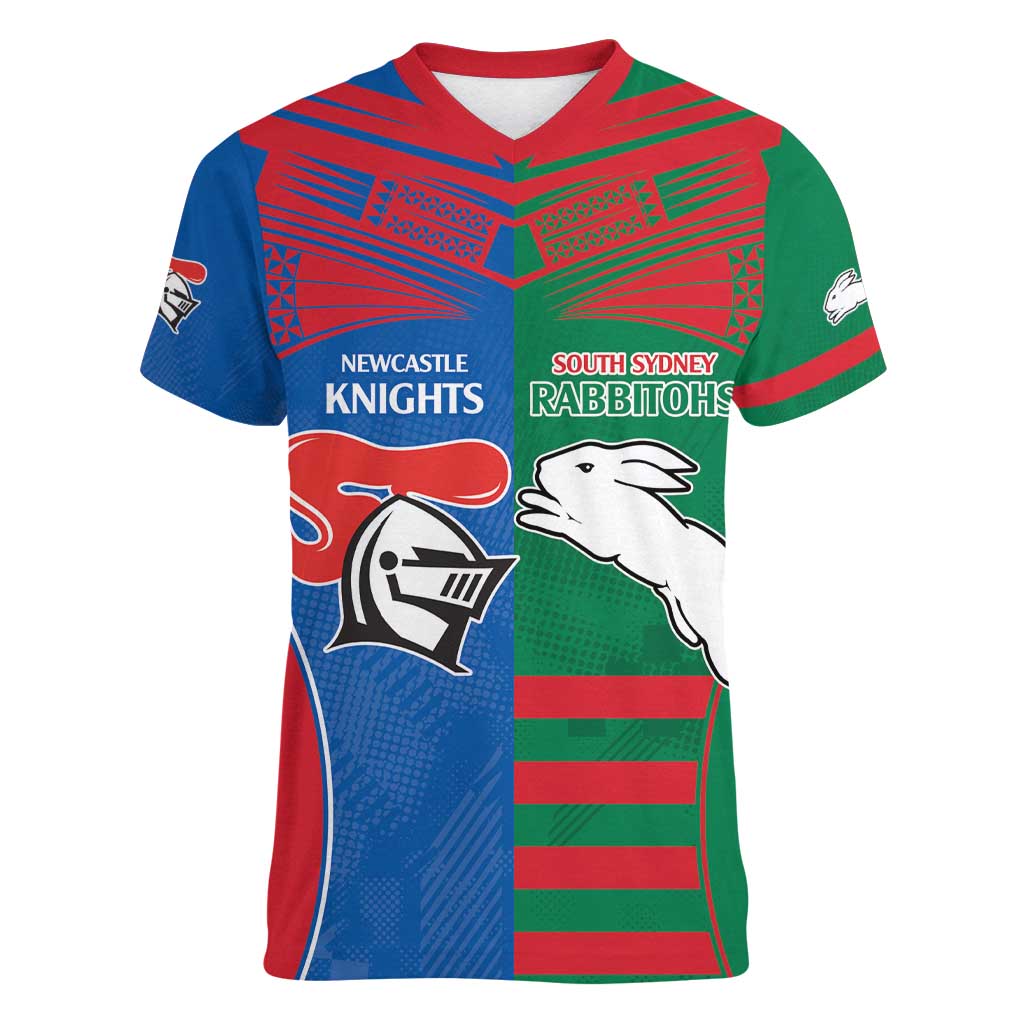 Custom Knights and Rabbitohs Rugby Women V-Neck T-Shirt Sporty Style