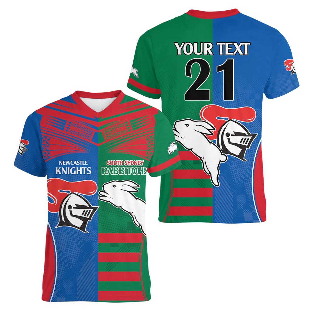 Custom Knights and Rabbitohs Rugby Women V-Neck T-Shirt Sporty Style