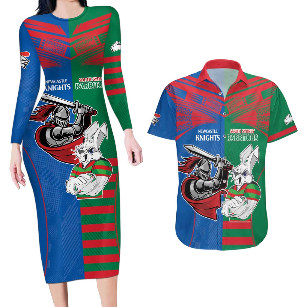 Custom Knights and Rabbitohs Mascot Together Couples Matching Long Sleeve Bodycon Dress and Hawaiian Shirt