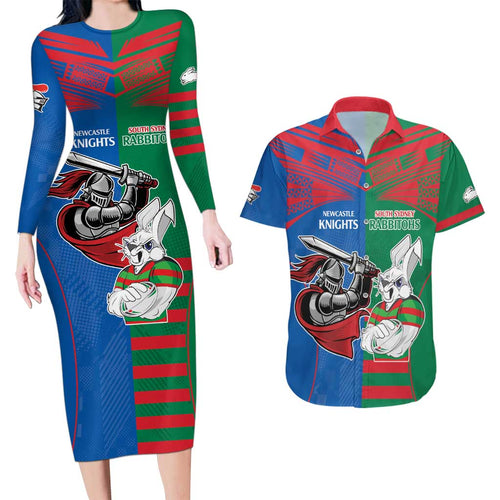 Custom Knights and Rabbitohs Mascot Together Couples Matching Long Sleeve Bodycon Dress and Hawaiian Shirt