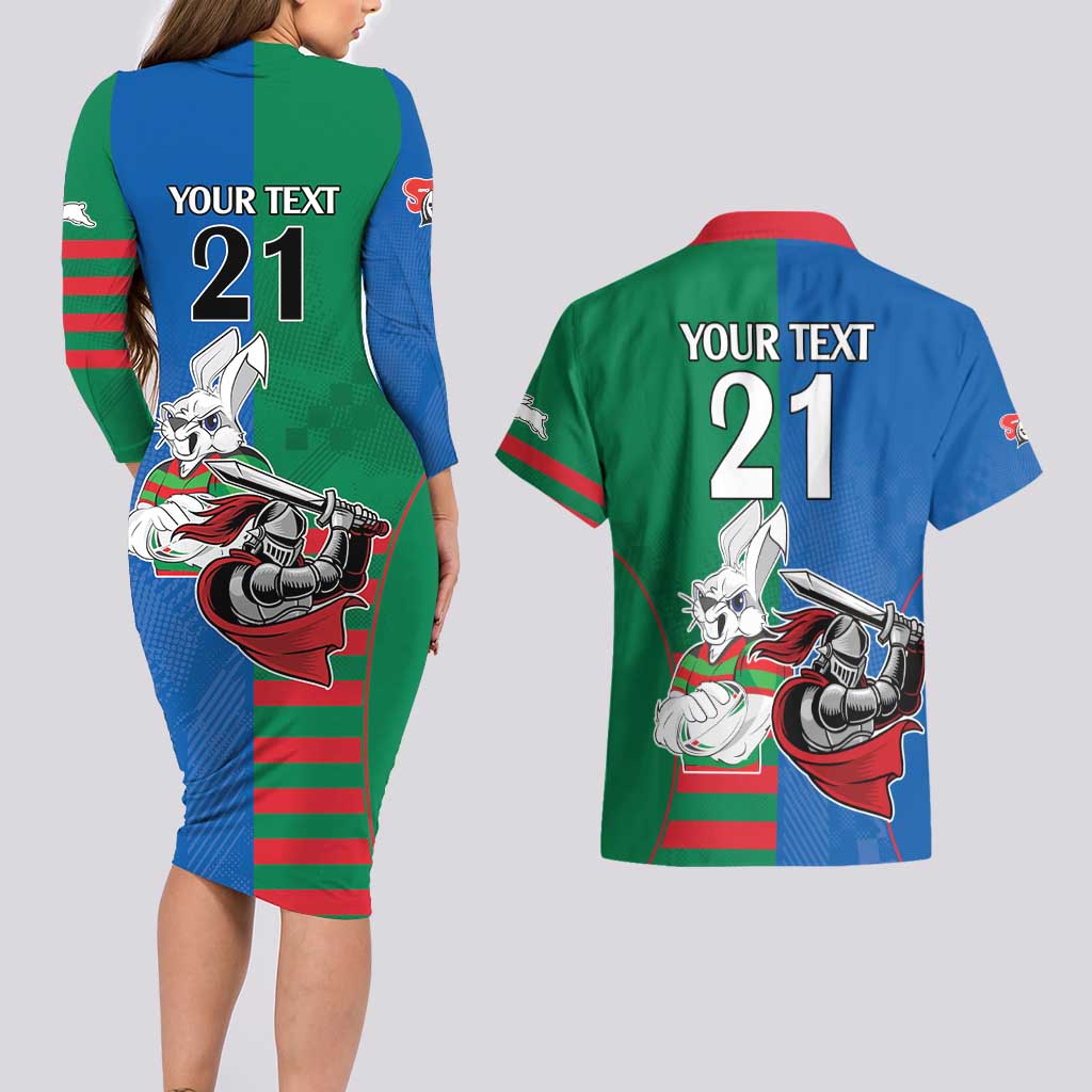 Custom Knights and Rabbitohs Mascot Together Couples Matching Long Sleeve Bodycon Dress and Hawaiian Shirt