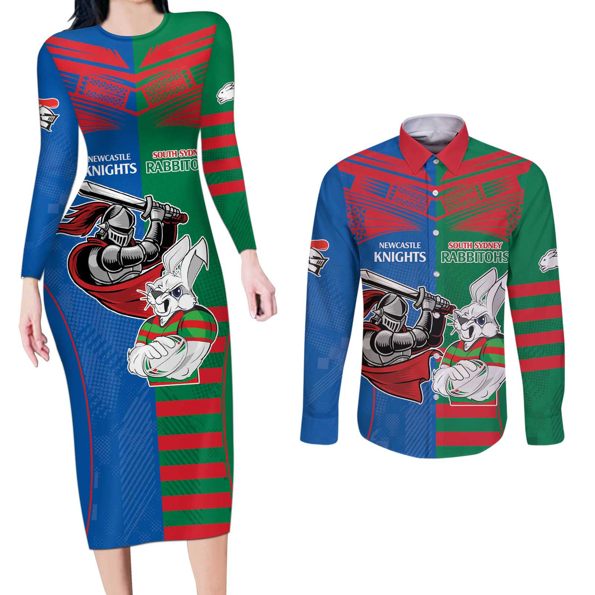 Custom Knights and Rabbitohs Mascot Together Couples Matching Long Sleeve Bodycon Dress and Long Sleeve Button Shirt