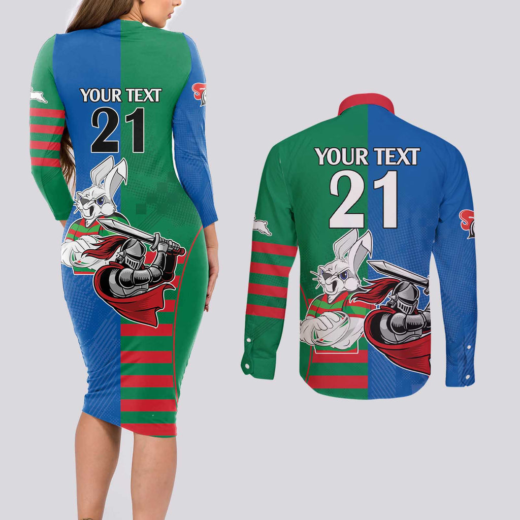 Custom Knights and Rabbitohs Mascot Together Couples Matching Long Sleeve Bodycon Dress and Long Sleeve Button Shirt