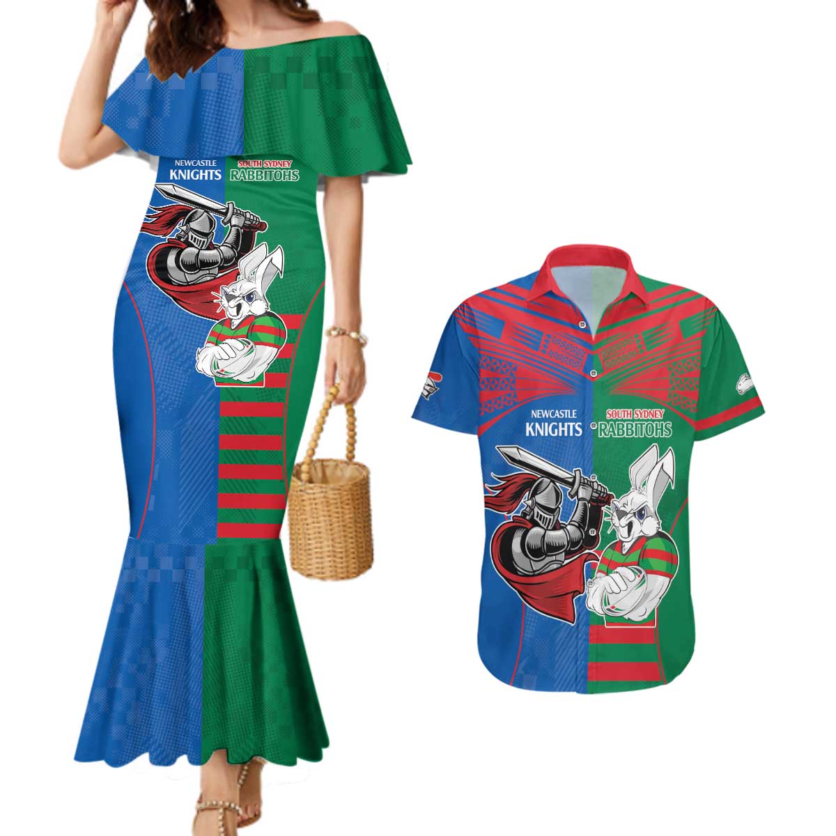 Custom Knights and Rabbitohs Mascot Together Couples Matching Mermaid Dress and Hawaiian Shirt