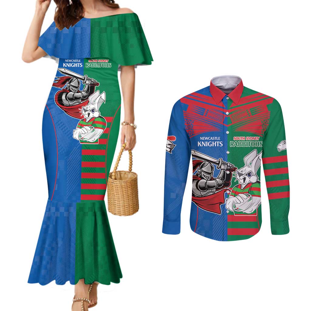 Custom Knights and Rabbitohs Mascot Together Couples Matching Mermaid Dress and Long Sleeve Button Shirt