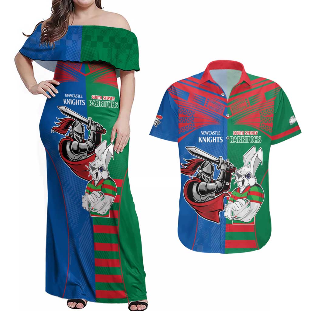 Custom Knights and Rabbitohs Mascot Together Couples Matching Off Shoulder Maxi Dress and Hawaiian Shirt