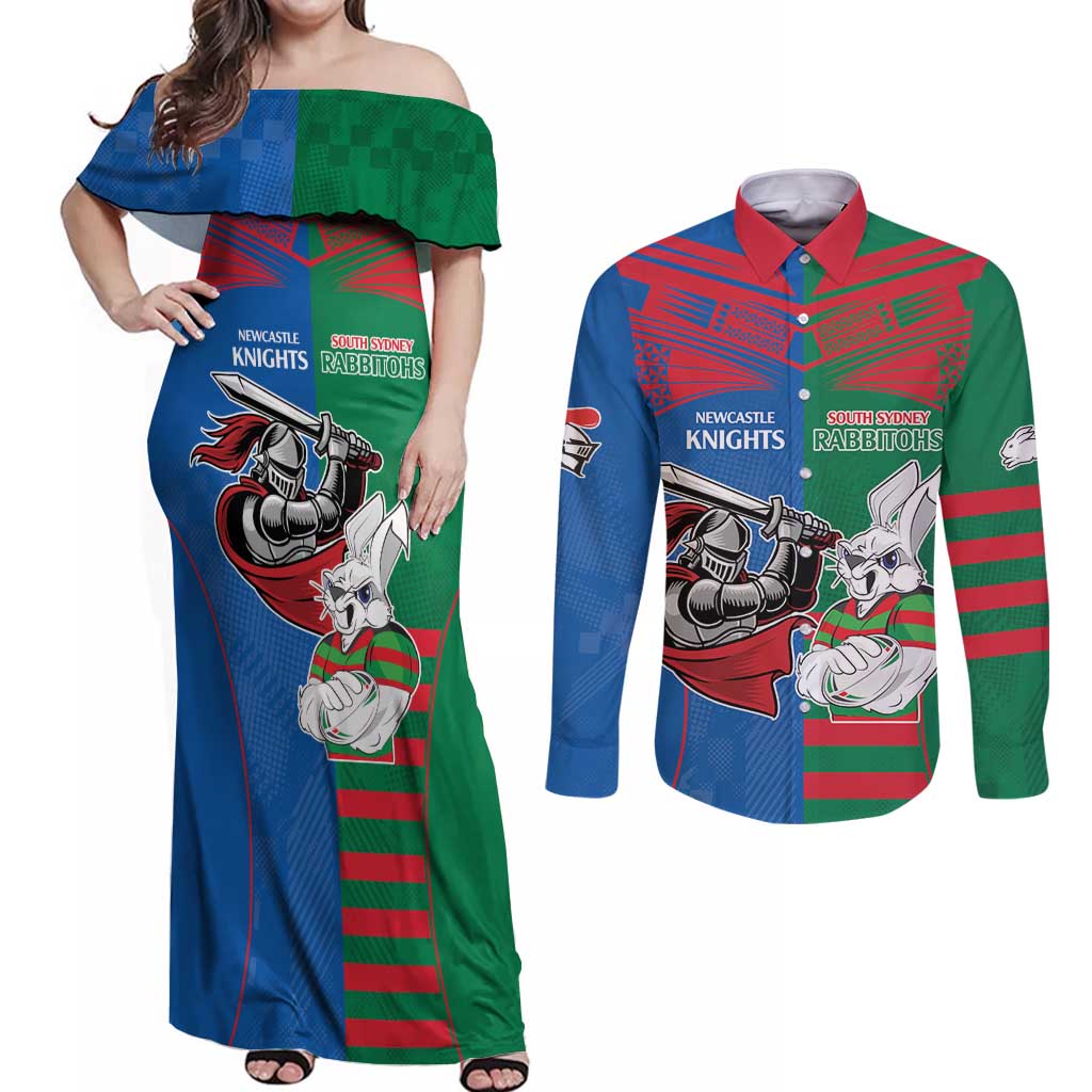 Custom Knights and Rabbitohs Mascot Together Couples Matching Off Shoulder Maxi Dress and Long Sleeve Button Shirt