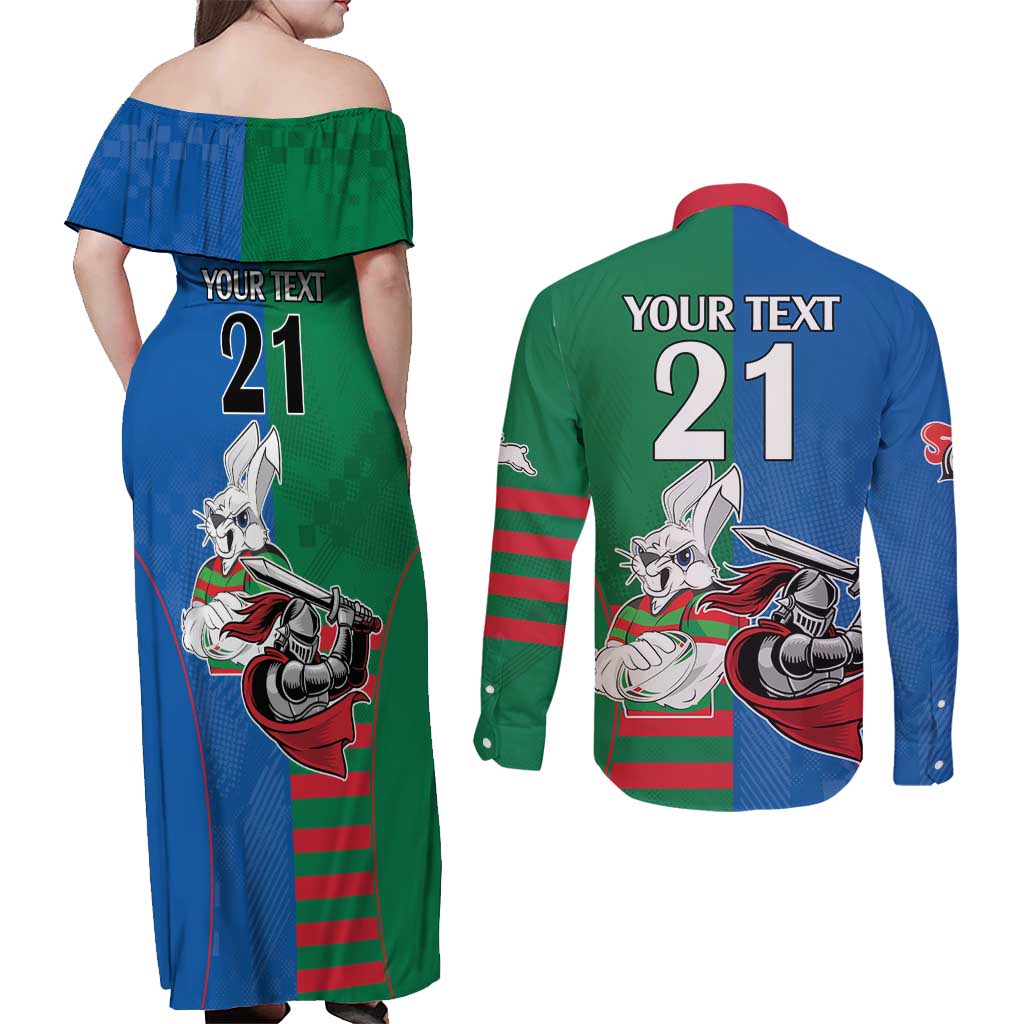 Custom Knights and Rabbitohs Mascot Together Couples Matching Off Shoulder Maxi Dress and Long Sleeve Button Shirt