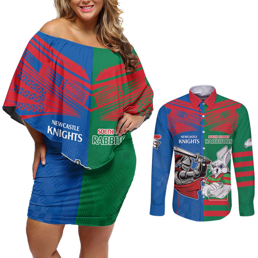 Custom Knights and Rabbitohs Mascot Together Couples Matching Off Shoulder Short Dress and Long Sleeve Button Shirt