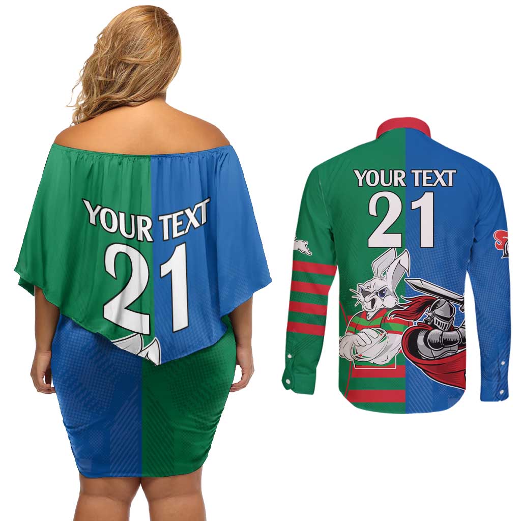 Custom Knights and Rabbitohs Mascot Together Couples Matching Off Shoulder Short Dress and Long Sleeve Button Shirt