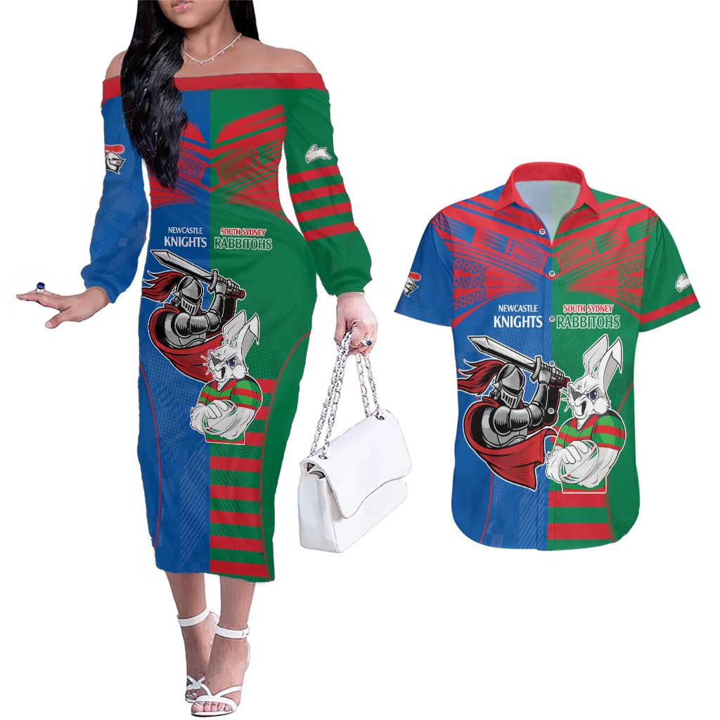 Custom Knights and Rabbitohs Mascot Together Couples Matching Off The Shoulder Long Sleeve Dress and Hawaiian Shirt