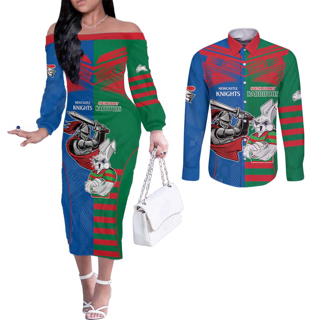 Custom Knights and Rabbitohs Mascot Together Couples Matching Off The Shoulder Long Sleeve Dress and Long Sleeve Button Shirt