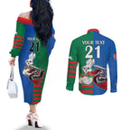 Custom Knights and Rabbitohs Mascot Together Couples Matching Off The Shoulder Long Sleeve Dress and Long Sleeve Button Shirt