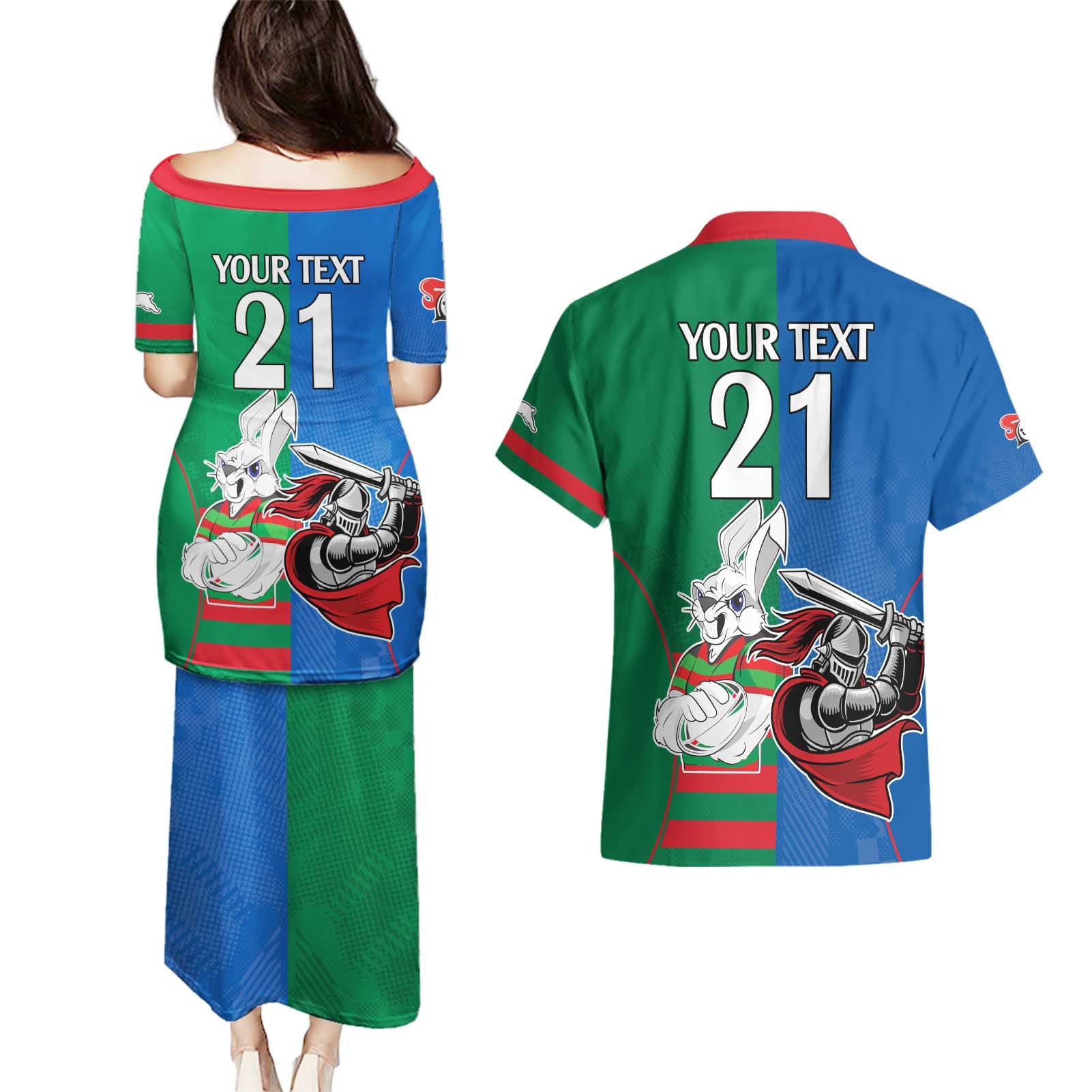 Custom Knights and Rabbitohs Mascot Together Couples Matching Puletasi and Hawaiian Shirt