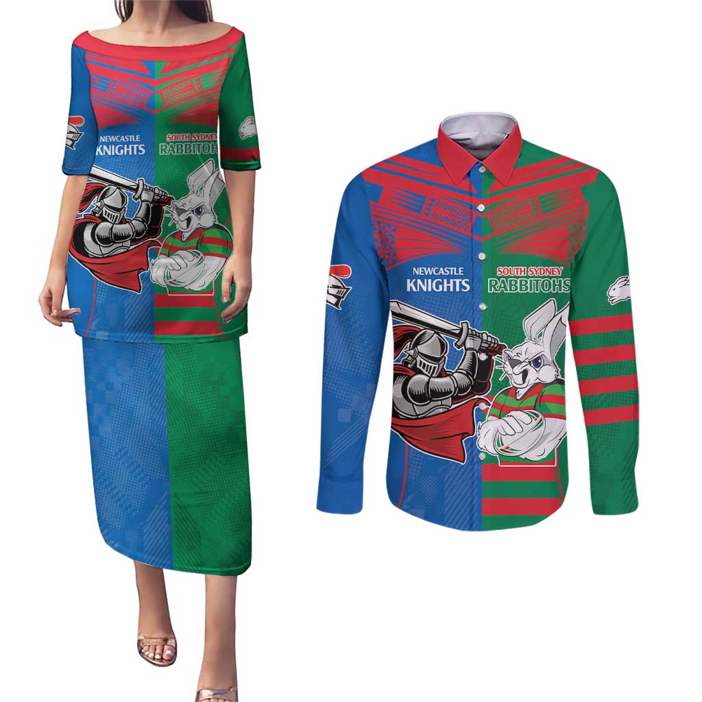 Custom Knights and Rabbitohs Mascot Together Couples Matching Puletasi and Long Sleeve Button Shirt