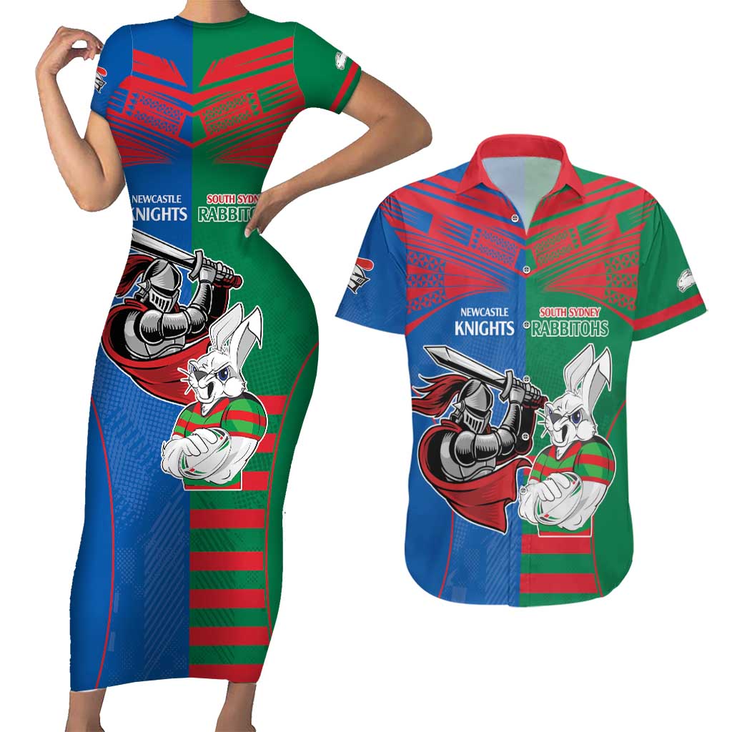 Custom Knights and Rabbitohs Mascot Together Couples Matching Short Sleeve Bodycon Dress and Hawaiian Shirt