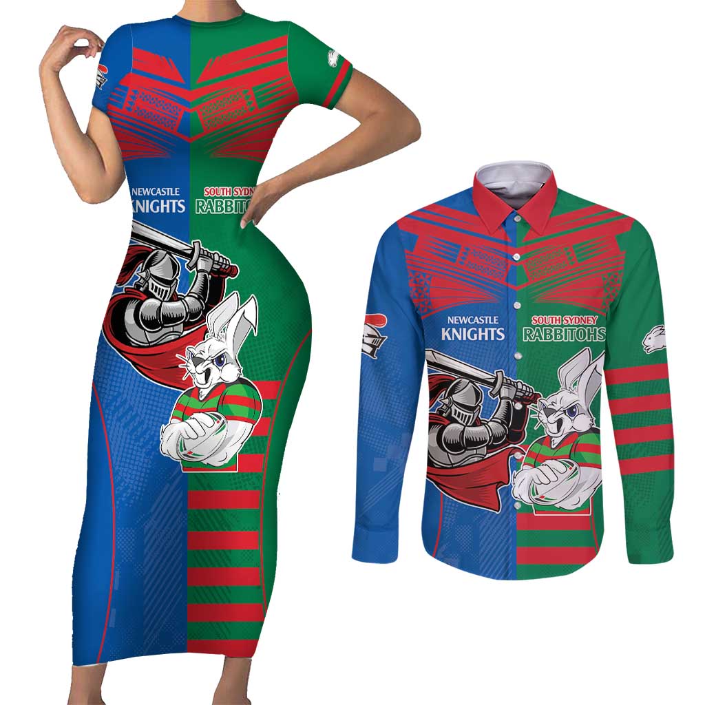 Custom Knights and Rabbitohs Mascot Together Couples Matching Short Sleeve Bodycon Dress and Long Sleeve Button Shirt