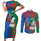 Custom Knights and Rabbitohs Mascot Together Couples Matching Short Sleeve Bodycon Dress and Long Sleeve Button Shirt
