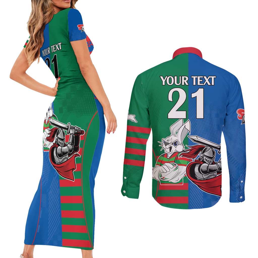 Custom Knights and Rabbitohs Mascot Together Couples Matching Short Sleeve Bodycon Dress and Long Sleeve Button Shirt