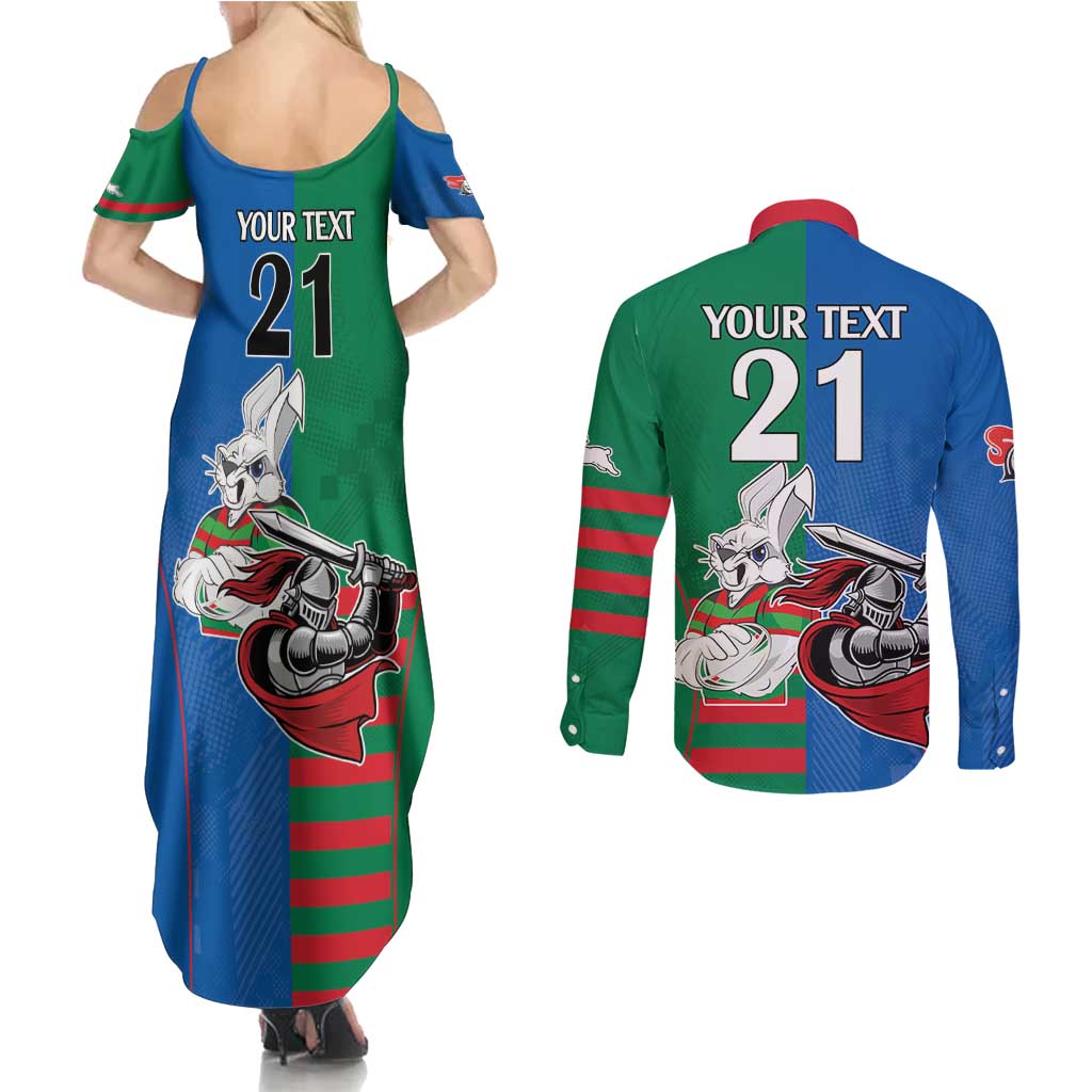 Custom Knights and Rabbitohs Mascot Together Couples Matching Summer Maxi Dress and Long Sleeve Button Shirt