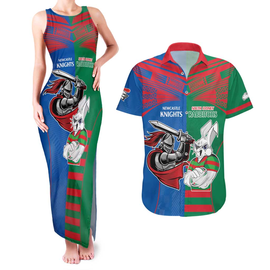 Custom Knights and Rabbitohs Mascot Together Couples Matching Tank Maxi Dress and Hawaiian Shirt