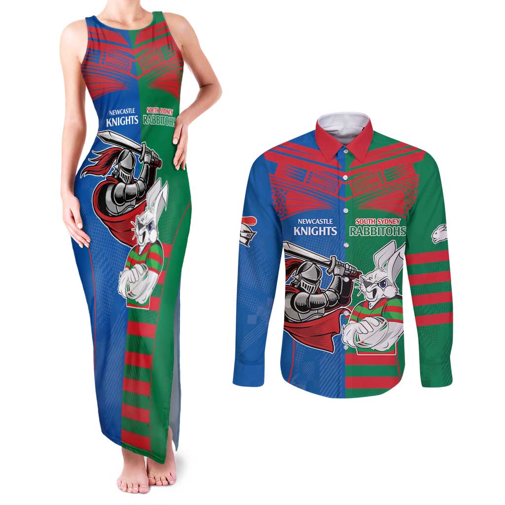 Custom Knights and Rabbitohs Mascot Together Couples Matching Tank Maxi Dress and Long Sleeve Button Shirt