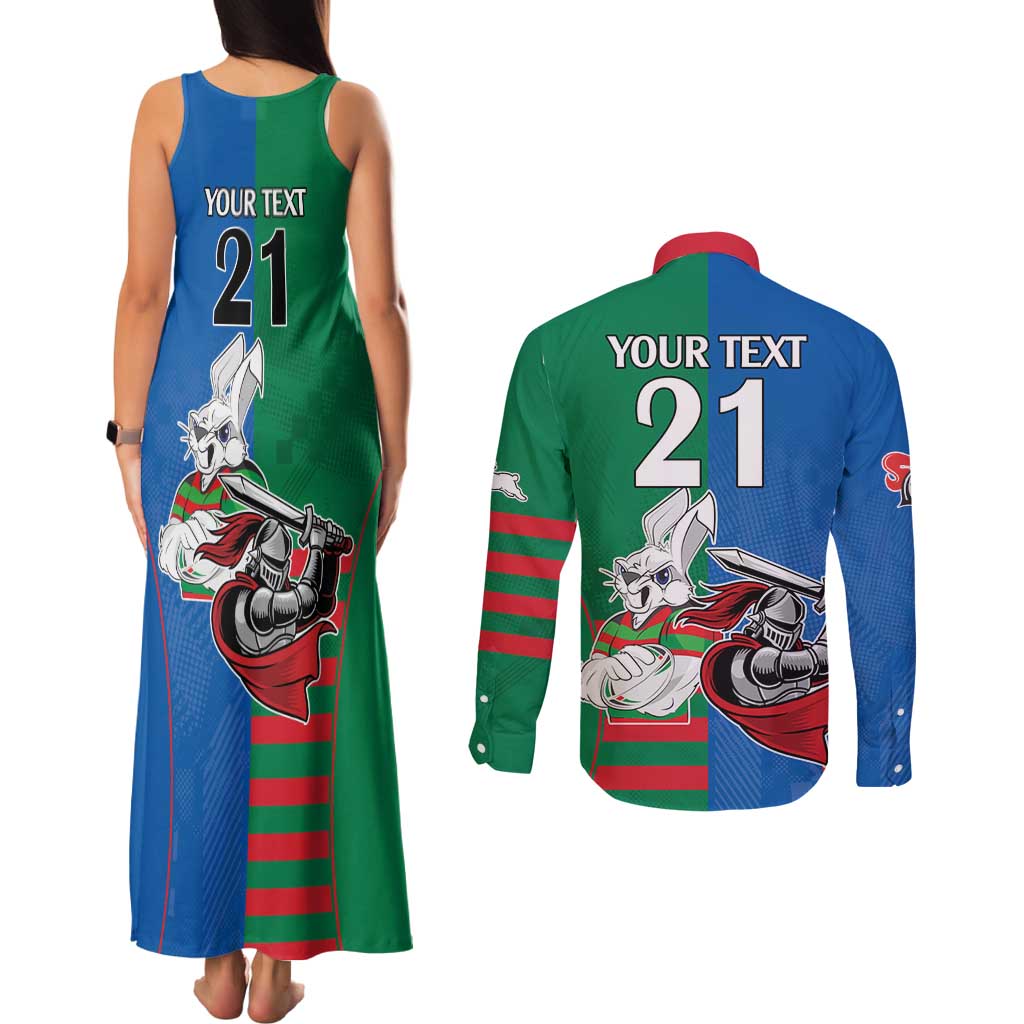 Custom Knights and Rabbitohs Mascot Together Couples Matching Tank Maxi Dress and Long Sleeve Button Shirt