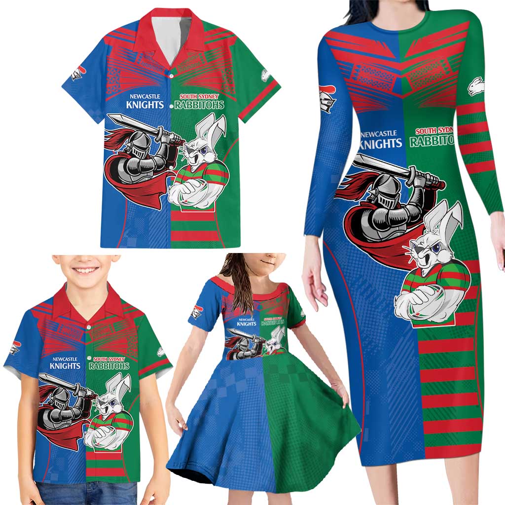Custom Knights and Rabbitohs Mascot Together Family Matching Long Sleeve Bodycon Dress and Hawaiian Shirt