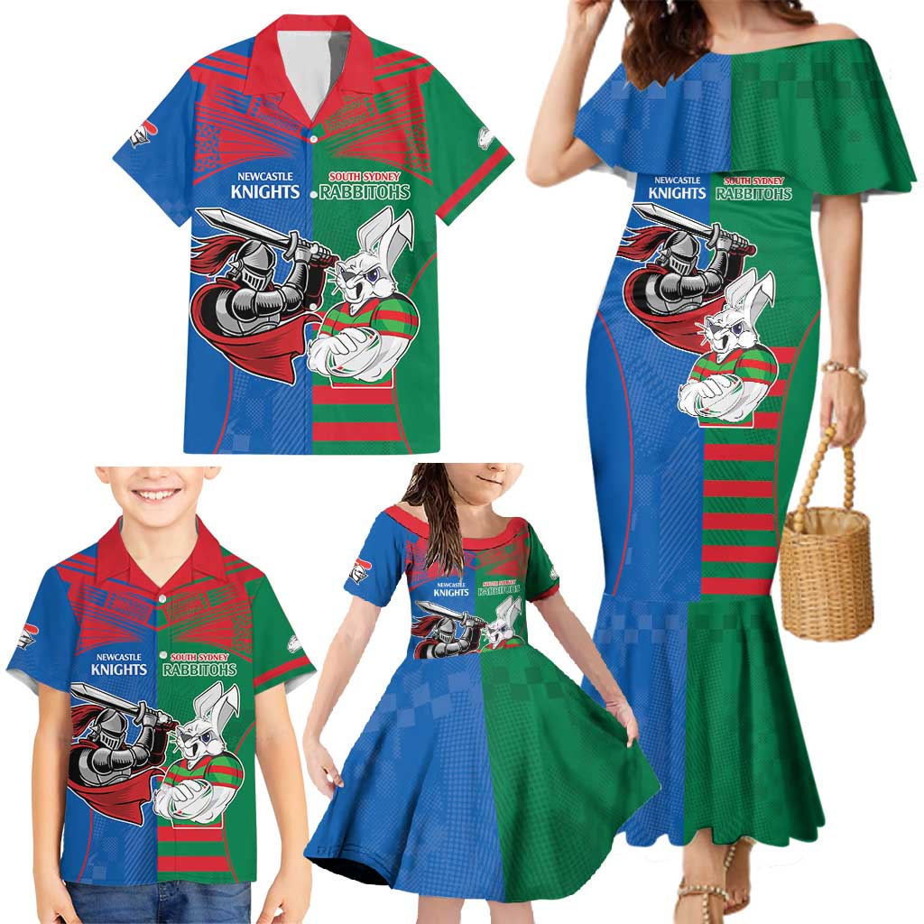 Custom Knights and Rabbitohs Mascot Together Family Matching Mermaid Dress and Hawaiian Shirt