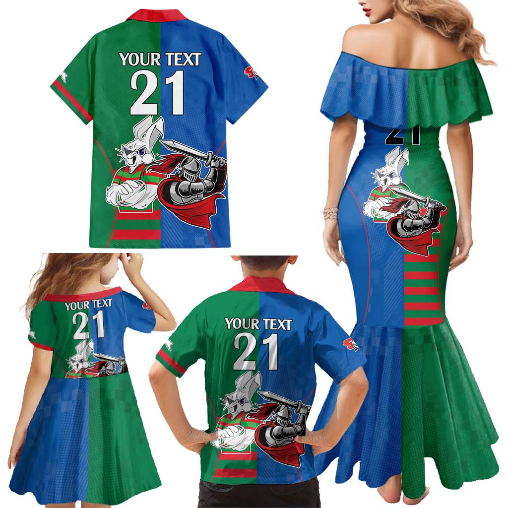 Custom Knights and Rabbitohs Mascot Together Family Matching Mermaid Dress and Hawaiian Shirt