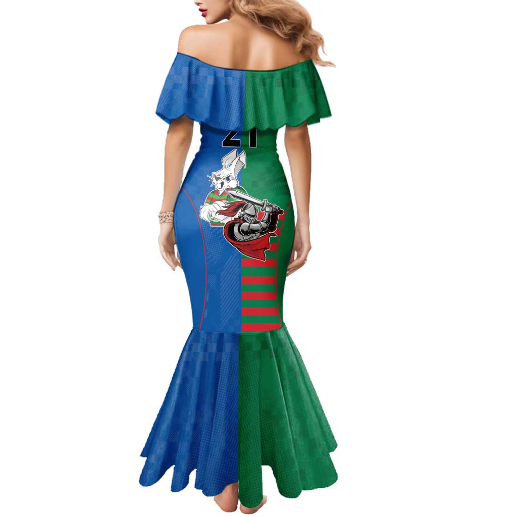 Custom Knights and Rabbitohs Mascot Together Family Matching Mermaid Dress and Hawaiian Shirt