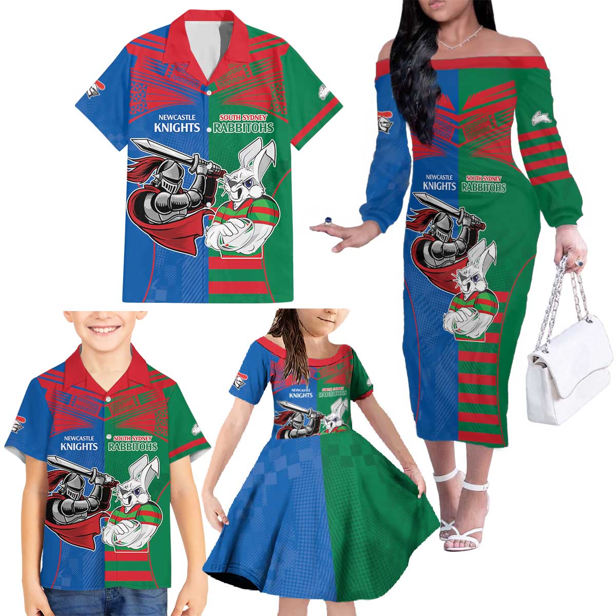 Custom Knights and Rabbitohs Mascot Together Family Matching Off The Shoulder Long Sleeve Dress and Hawaiian Shirt