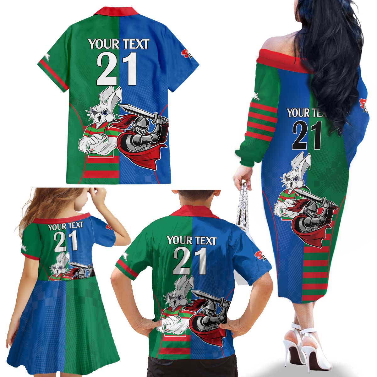 Custom Knights and Rabbitohs Mascot Together Family Matching Off The Shoulder Long Sleeve Dress and Hawaiian Shirt