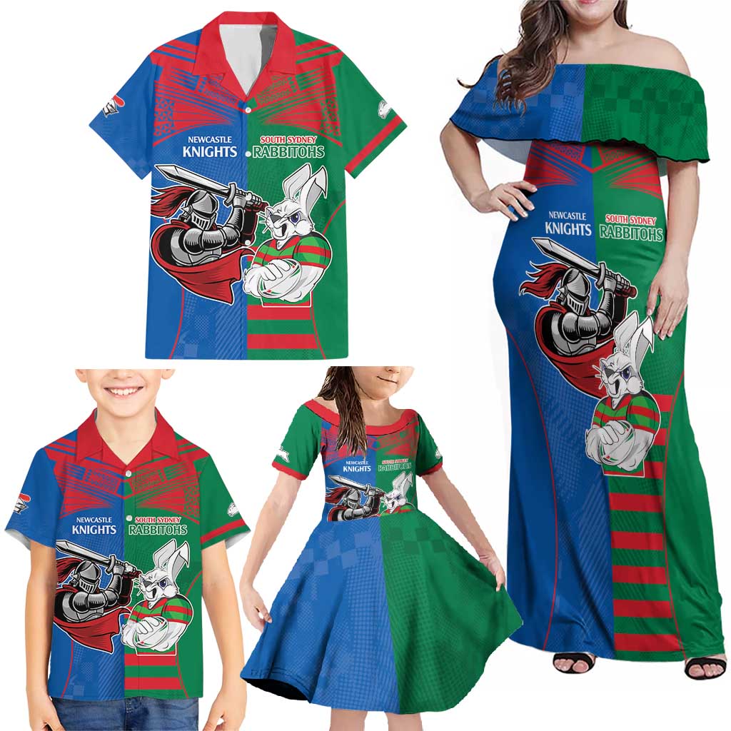 Custom Knights and Rabbitohs Mascot Together Family Matching Off Shoulder Maxi Dress and Hawaiian Shirt
