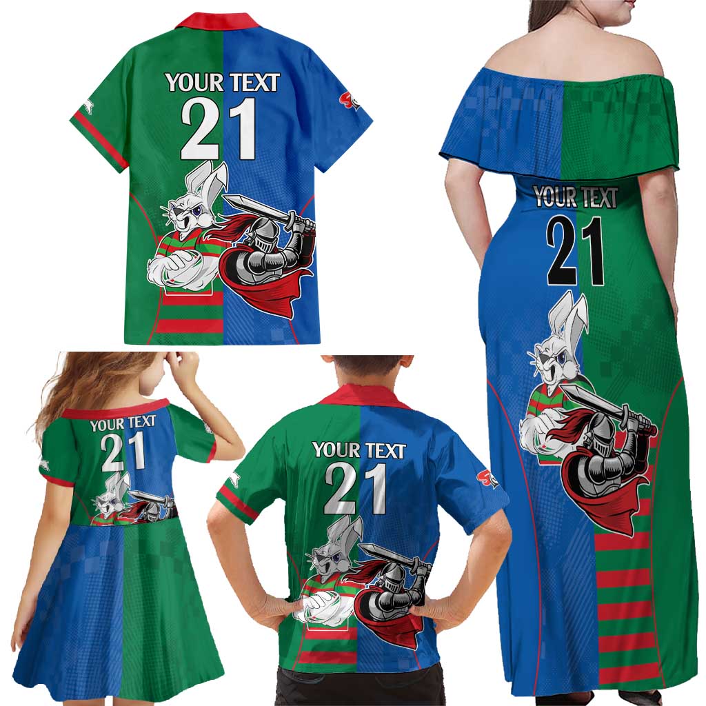 Custom Knights and Rabbitohs Mascot Together Family Matching Off Shoulder Maxi Dress and Hawaiian Shirt