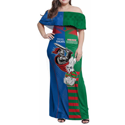 Custom Knights and Rabbitohs Mascot Together Family Matching Off Shoulder Maxi Dress and Hawaiian Shirt
