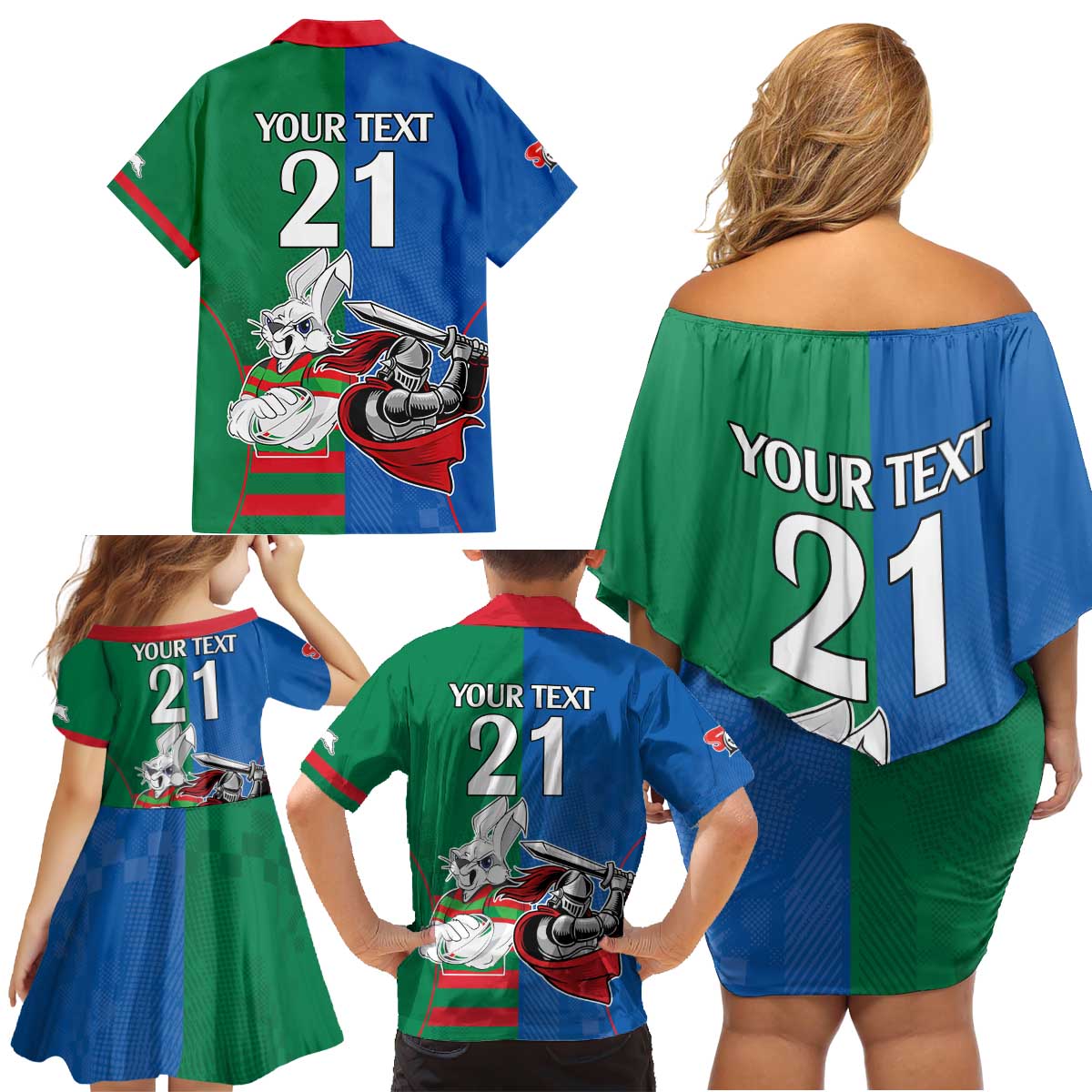 Custom Knights and Rabbitohs Mascot Together Family Matching Off Shoulder Short Dress and Hawaiian Shirt