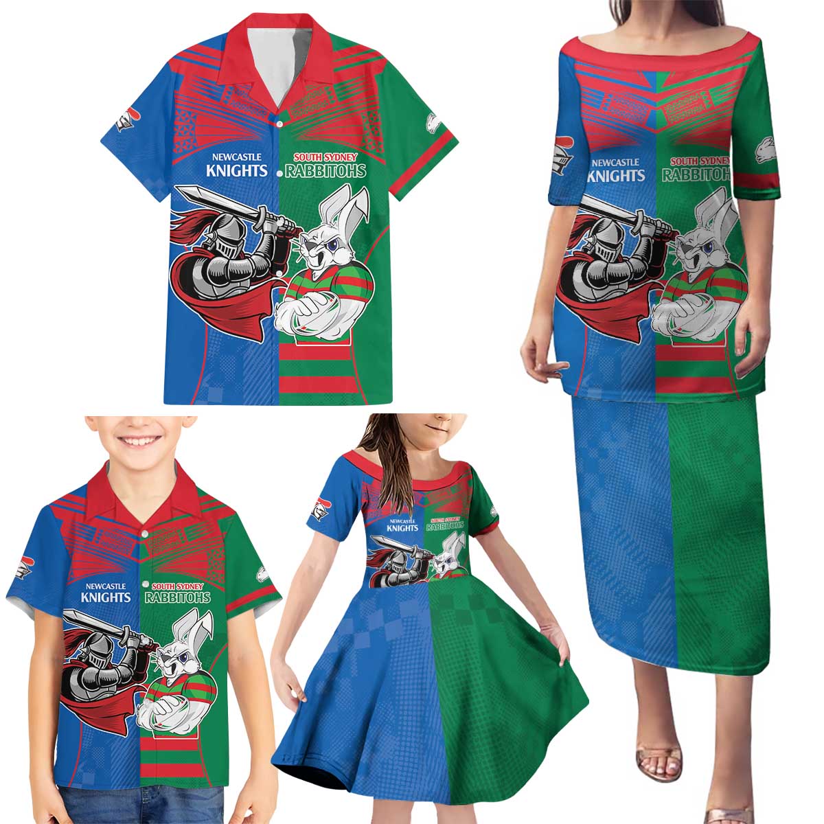 Custom Knights and Rabbitohs Mascot Together Family Matching Puletasi and Hawaiian Shirt