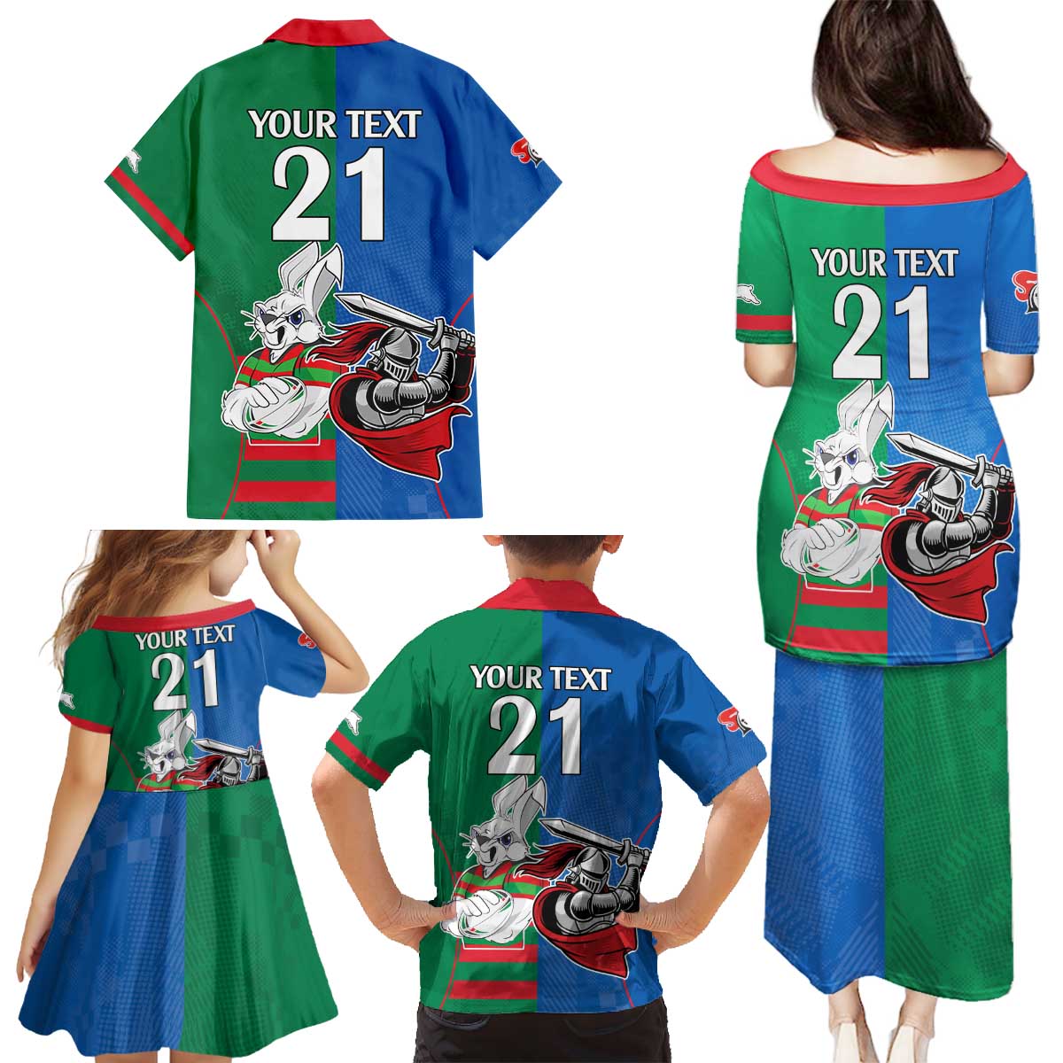Custom Knights and Rabbitohs Mascot Together Family Matching Puletasi and Hawaiian Shirt