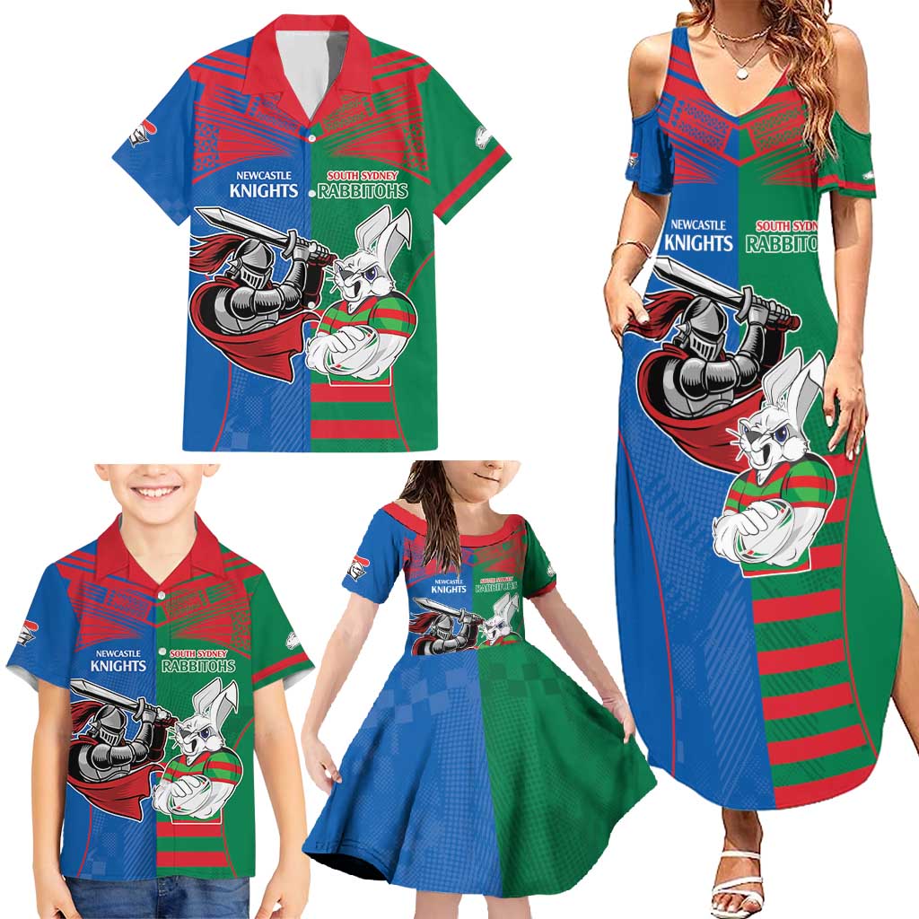 Custom Knights and Rabbitohs Mascot Together Family Matching Summer Maxi Dress and Hawaiian Shirt
