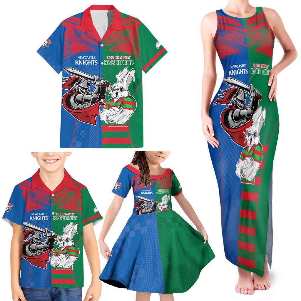 Custom Knights and Rabbitohs Mascot Together Family Matching Tank Maxi Dress and Hawaiian Shirt