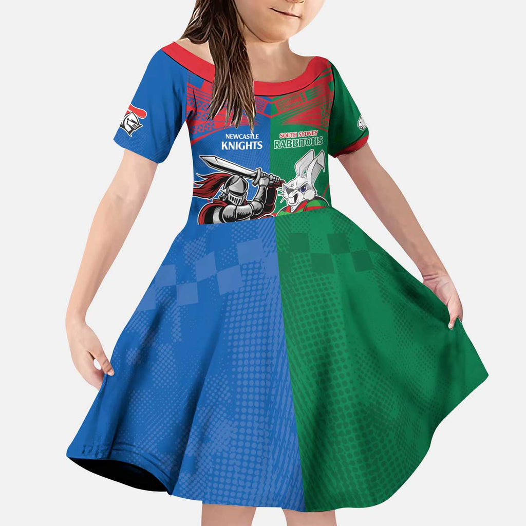 Custom Knights and Rabbitohs Mascot Together Kid Short Sleeve Dress