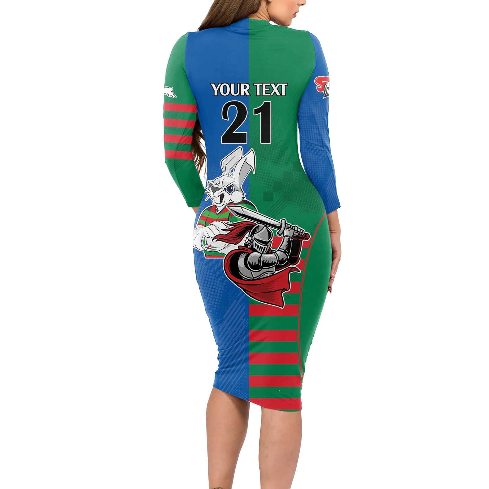 Custom Knights and Rabbitohs Mascot Together Long Sleeve Bodycon Dress
