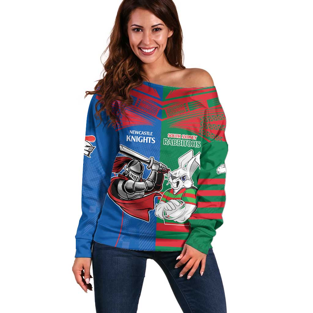 Custom Knights and Rabbitohs Mascot Together Off Shoulder Sweater