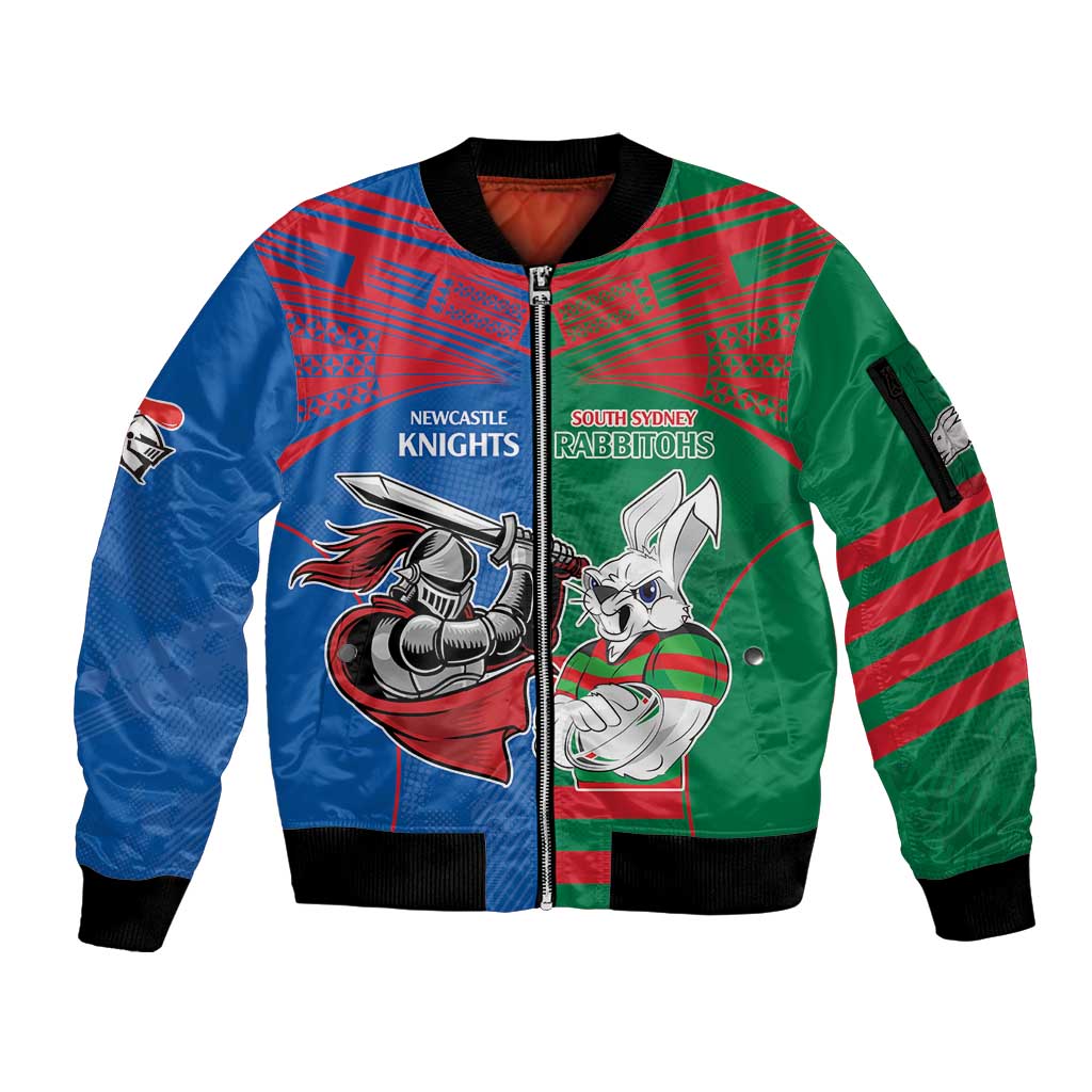 Custom Knights and Rabbitohs Mascot Together Sleeve Zip Bomber Jacket