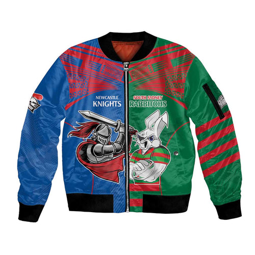 Custom Knights and Rabbitohs Mascot Together Sleeve Zip Bomber Jacket