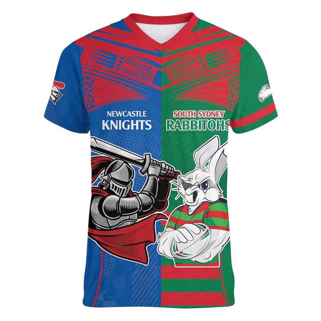 Custom Knights and Rabbitohs Mascot Together Women V-Neck T-Shirt