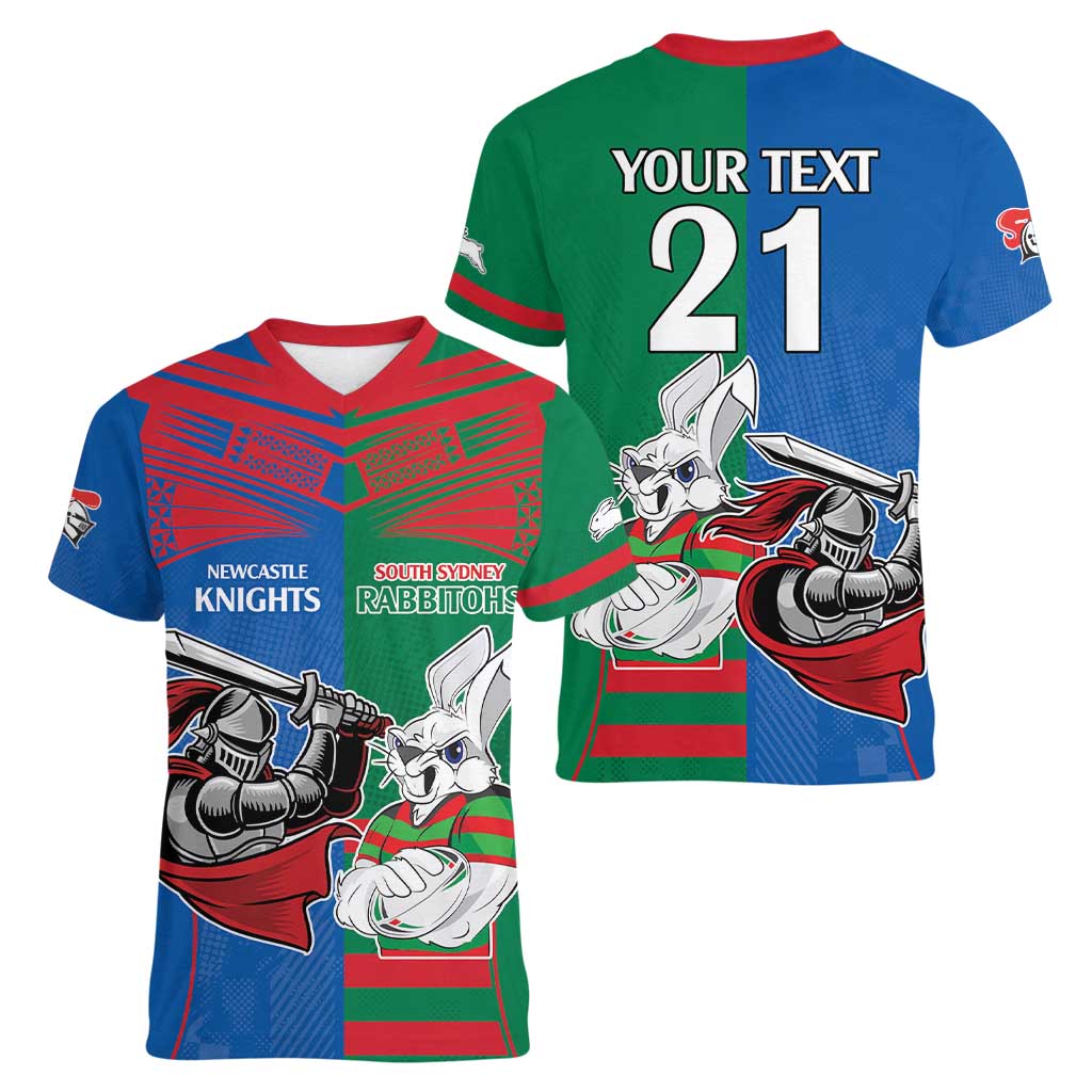 Custom Knights and Rabbitohs Mascot Together Women V-Neck T-Shirt
