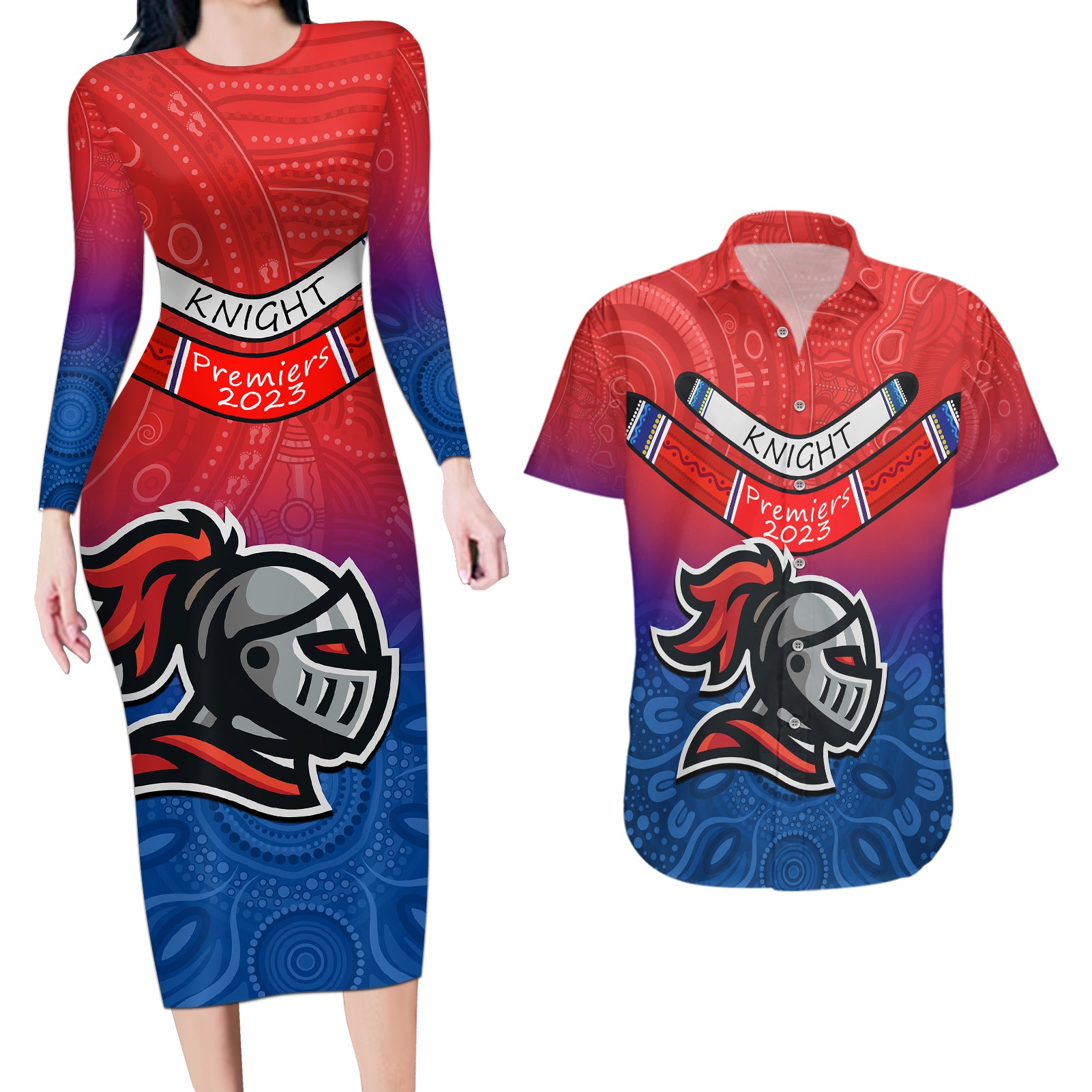 knights-permier-2023-couples-matching-long-sleeve-bodycon-dress-and-hawaiian-shirt-nrl-mascot-with-aboriginal