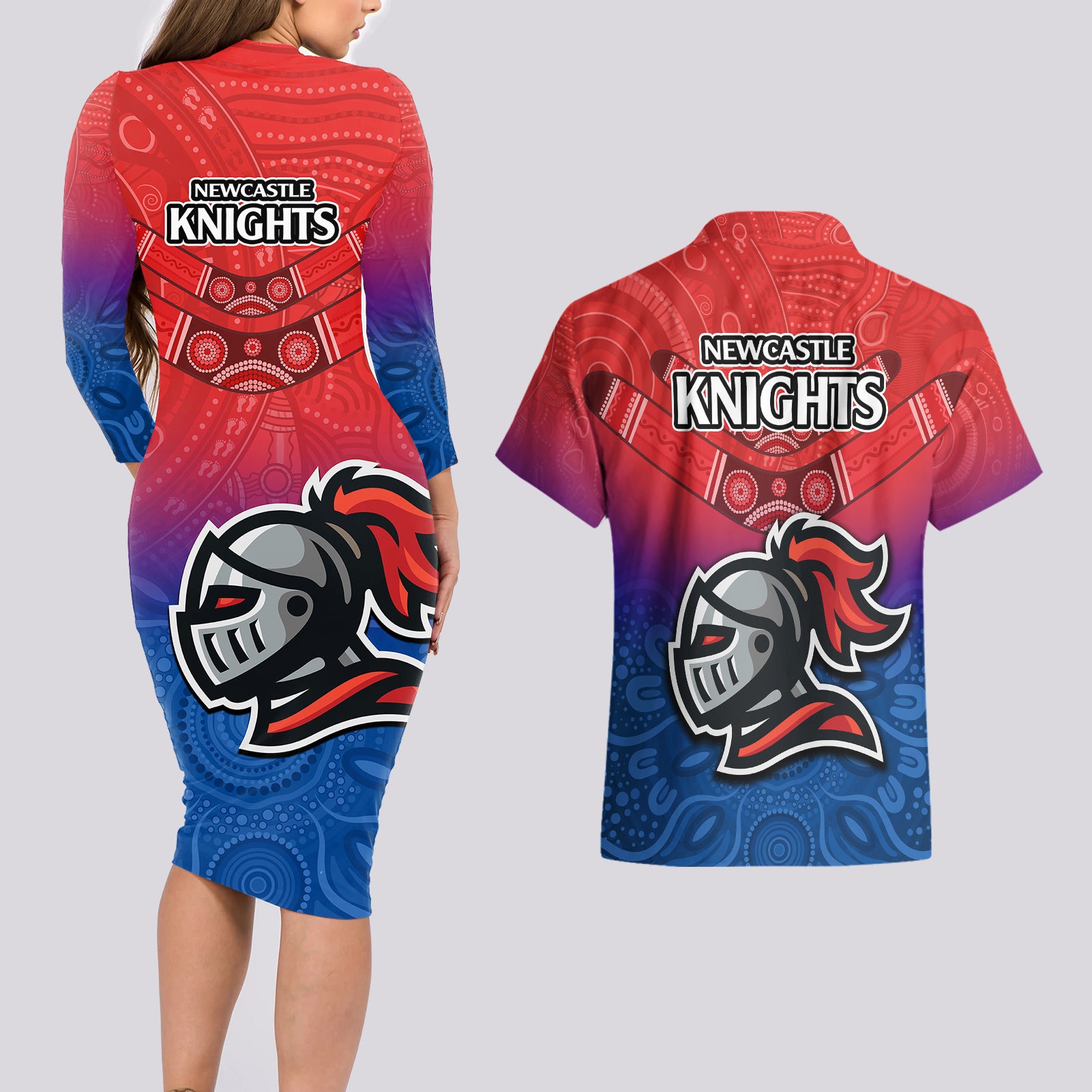 knights-permier-2023-couples-matching-long-sleeve-bodycon-dress-and-hawaiian-shirt-nrl-mascot-with-aboriginal